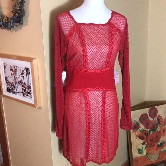 FREE PEOPLE Size Large Lace Cocktail Dress Cherry Red Scalloped Bodycon $250NWT - Picture 2 of 16